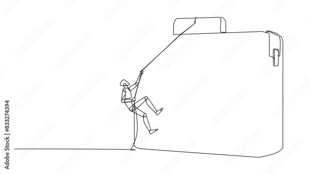 Poster animation of single continuous line drawing smart robot climbs briefcase with the rope. a metaphor f