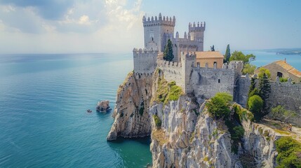 A medieval castle perched atop a rugged cliff, its imposing stone walls standing as a testament to centuries of history and conquest.