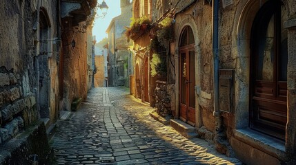 A narrow alleyway in a medieval city, where crooked buildings lean in towards each other, casting deep shadows on the cobblestone street below.