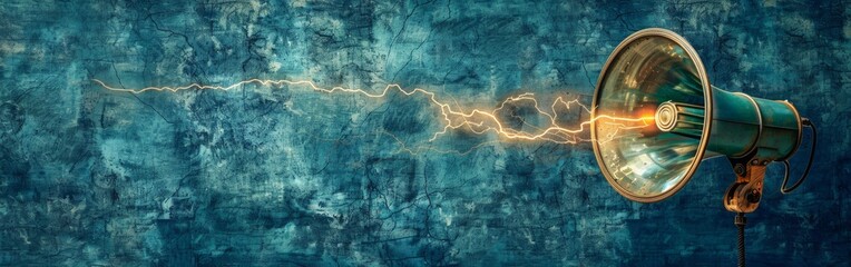 A megaphone held in a hand emitting a lightning sound on a blue background