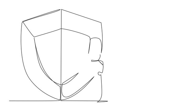 Self drawing animation of single one line drawing astronaut climbs shield with rope. Working to help clients secure servers from virus attacks. Check each layer. IT entrepreneur. Full length animated