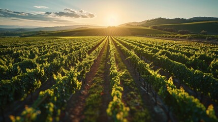 A sun-drenched vineyard nestled in the rolling hills of the countryside, where rows of grapevines stretch towards the horizon in neat, orderly rows.