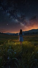Fototapeta premium Romantic illustration of a couple silhouetted against a starry night sky with a moonlit landscape below