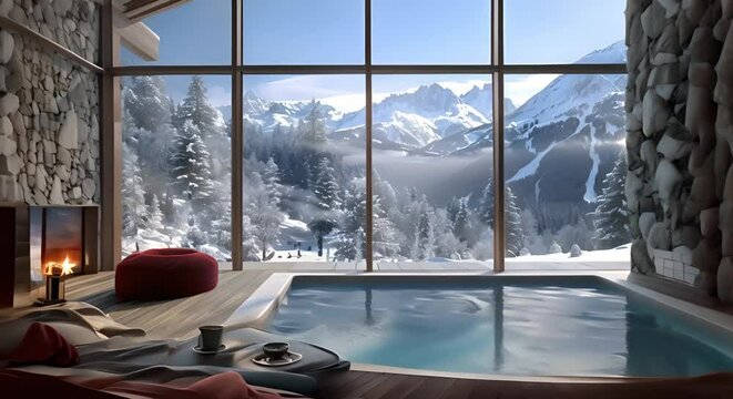 Eco chalet hotel with pool windows in alpine ski resort with mountain views. Concept Eco chalet, Hotel with Pool, Alpine Ski Resort, Mountain Views, Sustainable Living