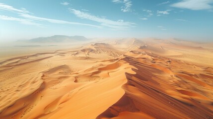 Naklejka premium A vast, windswept desert landscape stretches as far as the eye can see, with towering sand dunes sculpted by the ever-shifting winds.