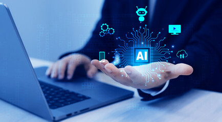 Artificial Intelligence and data analytics, robotic process.Artificial intelligence with enter command prompt for generates something and technology transformation.AI computing and neural engine CPU.