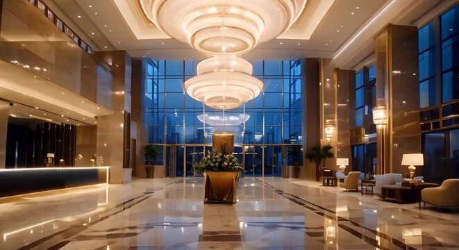 Elegantly adorn hotel lobby with luxurious chandeliers in a stylish manner. Concept Luxury Interior Design, Stylish Decor, Chandelier Installation, Hotel Lobby Enhancement