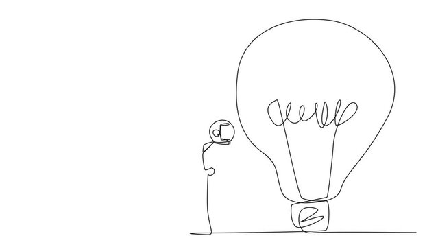 Animated self drawing of single one line drawing astronaut climbing lightbulb with rope. Trying to reach high places to get useful fresh ideas. The company's benefit. Full length single line animation