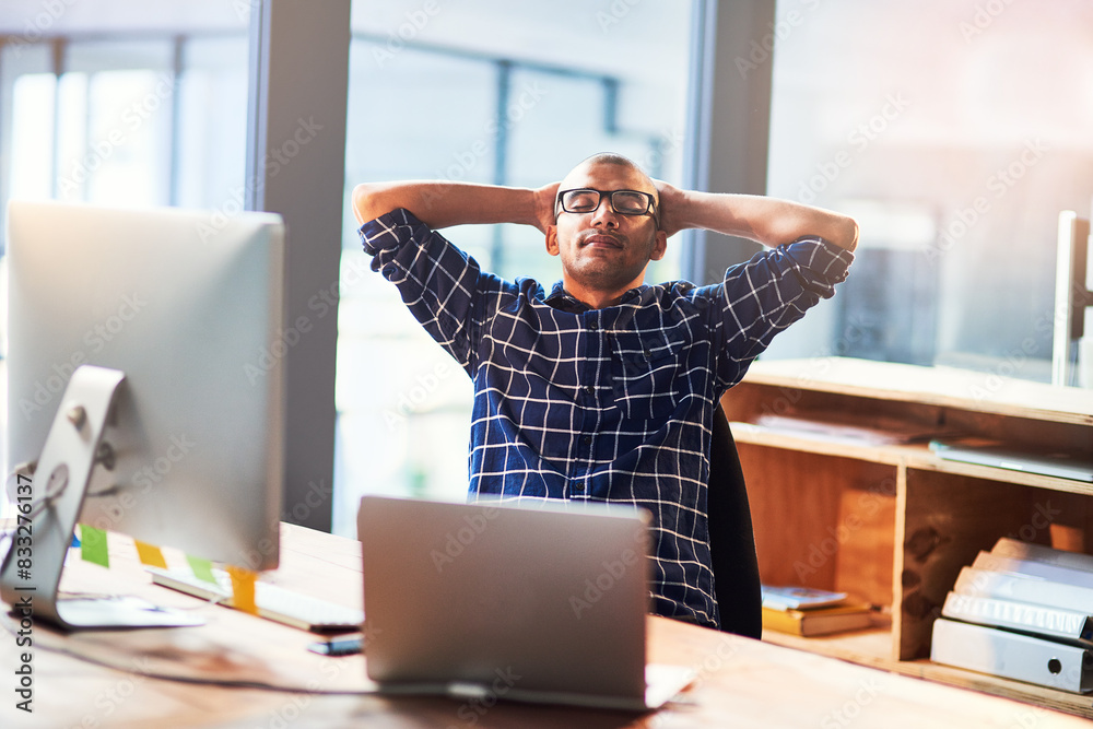 Poster finish, man and graphic designer in office to relax for complete task, break and news by computer. e