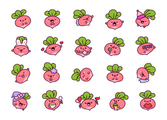 Kawaii radishes character. Cute vegetable. Funny cartoon. Hand drawn style. Vector drawing. Collection of design elements.