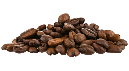 Pile roasted coffee beans isolated on a transparent background. Completely in focus.