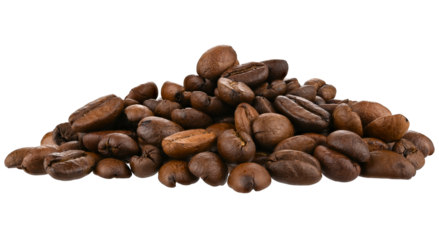 Pile roasted coffee beans isolated on a transparent background. Completely in focus.