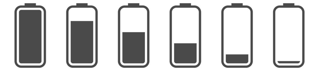 Smartphone charge level black icons. Full and low battery symbols