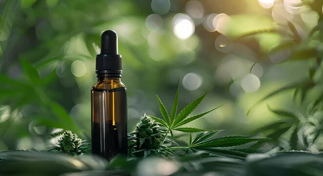 CBD Oil Extracted from Marijuana Plant for Medicinal Purposes in a Bottle. Concept CBD Oil, Marijuana Extract, Medicinal Purposes, Bottle Packaging, Health Benefits