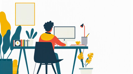 Office manager working on computer. Businessman sitting on a chair at the office Desk. flat illustration character design isolated on white background. Back view, copy space. Job vacancy, freelancer