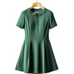 Front view of a forest green women's shift dress on a wooden hanger isolated on a white transparent background