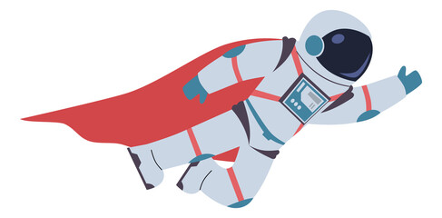 Cosmonaut in red cape. Flying superpower man in spacesuit © YummyBuum
