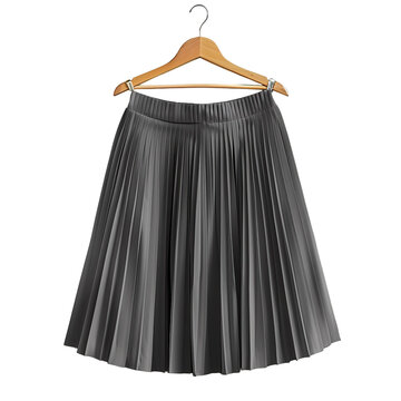 Front view of a gray women's midi skirt on a wooden hanger isolated on a white transparent background