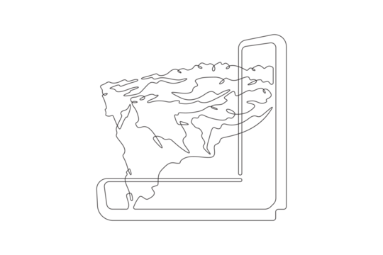 Folding modern smartphone. Mountain top peak. Mountain peak on the smartphone screen.One continuous line. Line art. Minimum one line. White background. One line drawing.