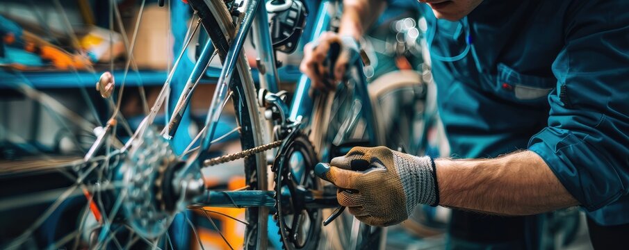 Close-up image capturing the intricate details of a vintage bicycle wheel in a bike repair shop.