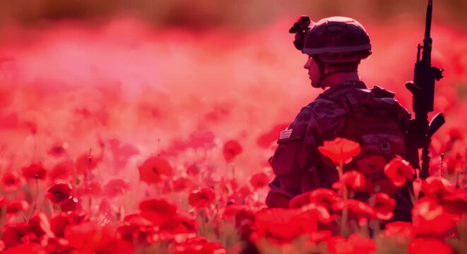 Honoring Canadian Veterans on Remembrance Day: Soldier silhouette in red poppy field. Concept Remembrance Day, Veterans, Soldier Silhouette, Red Poppy Field, Canadian Honor
