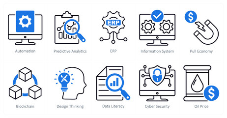 A Set of 10 Industrial icons as automation, predictive analytics, erp