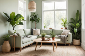 A bright and inviting living room featuring a comfortable couch, coffee table, and potted plants. The room has a neutral color scheme with pops of green and brown