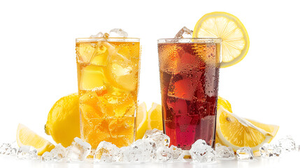 Drinks lemonade cola drink soft drinks glass in a row with lemon isolated on a white background,glass of cola or coke with ice cubes, lemon and peppermint garnish, isolated with shadow on a white
