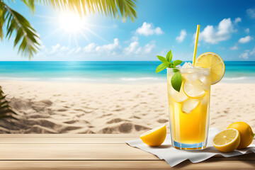 The cold lemonade of the beach bar, the background of the tropical ocean,
Summer Beach Background Poster Banner Illustration Design, ai