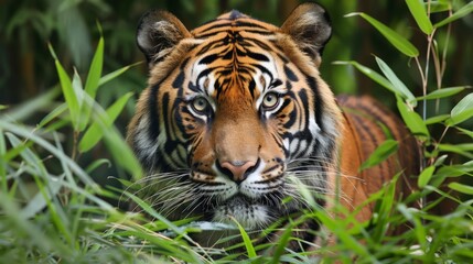 Fototapeta premium The bold pattern of stripes on the tiger's coat provided camouflage in the dense jungle, concealing its presence from prey and predators alike.