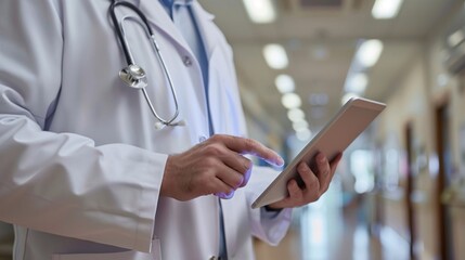 Smart health care internet of things and hospital automation management technology concept with paperless. Doctor with Stethoscope using tablet for remote monitoring to check status of patient.