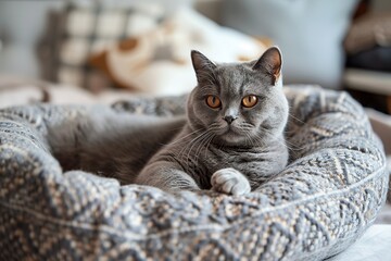 cute shorthair british gray cat lying on his cozy cat bed