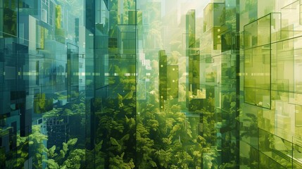 Cityscape that blends architectural elements with natural forms, illustrating a futuristic city where urban living nature coexist beautifully, palette of greens, blues, and earth tones, ai generated