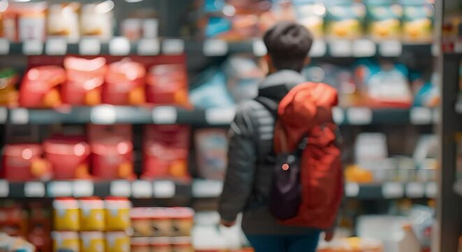 Customer with backpack shopping in grocery store browsing shelves checking products. Concept Grocery Shopping, Customer Experience, Retail Environment, Product Selection, Consumer Behavior