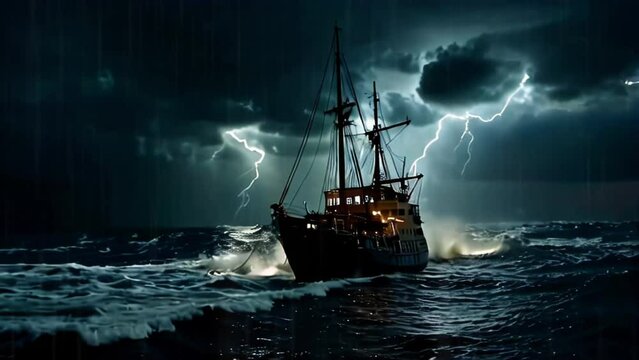 Ship in Trouble : A Lone Ship or boat in Trouble Amidst Lightning, Dark Waves, and Gloomy Clouds on the Ocean or Sea
