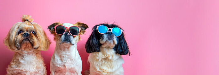 Three funny dogs wearing sunglasses on pink background. Summer vacation, optics store, pet shop, travel trendy banner. Copy space. New eyewear collection, sale, special offer