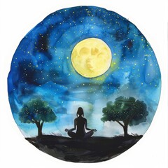 Watercolor painting of a serene moonlit night with a person meditating under the stars, surrounded by the sounds of nature, on isolated white background, Generative AI