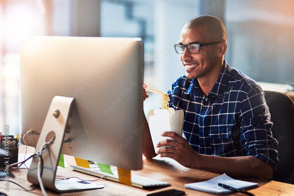 Aufkleber fast food, office and man on computer for planning, working and productivity on startup project at c