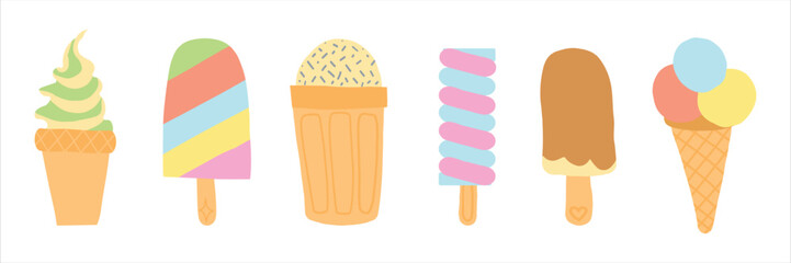 Colorful ice cream cones and popsicles in various shapes and flavors, perfect for summer treats.