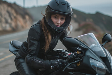 Portrait of a determined young woman in a motorcycle helmet and protective suit, poised on her bike with a scenic backdrop