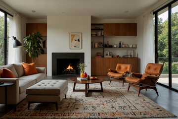 Fototapeta premium Modern Mid-Century Living Room with Leather Furniture and Abstract Art