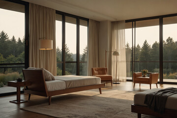 Modern Mid-Century Living Room with Leather Furniture and Abstract Art