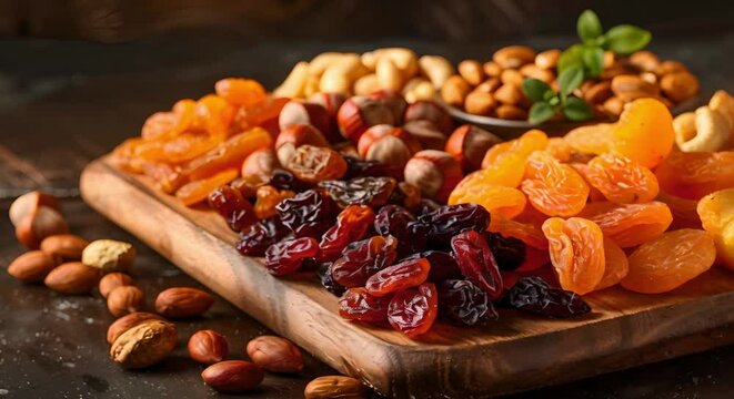 Delicious Snack Idea: Dried Fruit and Nut Bars on a Wooden Board. Concept Healthy Snack, Homemade Bars, Nutritional Snacks, Dried Fruit, Wooden Presentation Board