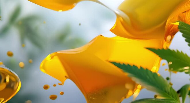 Close-up of a green cannabis leaf with oil splashes in a studio setting. Concept Cannabis Leaf, Close-up, Studio Setting, Oil Splashes, Green Color