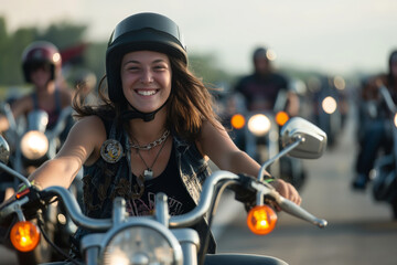 Smiling young woman wearing a helmet participates in a motorcycle charity ride, surrounded by fellow bikers in a convoy