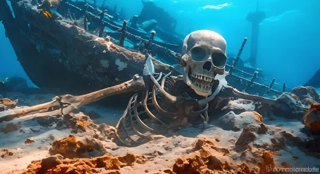 Stylish Pirate Captain's Skeleton Rests Near Shipwreck on Ocean Floor. Concept Underwater Photography, Pirate Theme, Shipwreck, Skeleton, Stylish Captains
