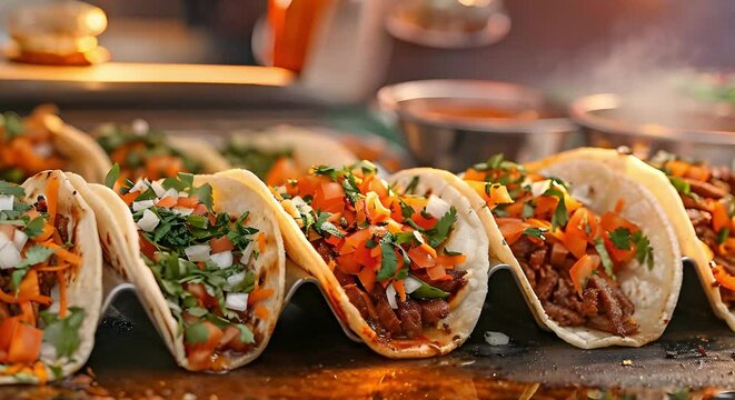 Authentic Mexican Tacos: Street Food Delight at a Busy Market. Concept Mexican Cuisine, Tacos, Street Food, Market Delight, Authentic Flavor