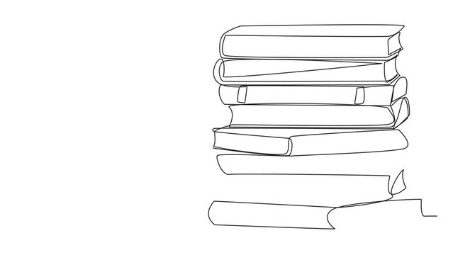 Animated self drawing of single continuous line drawing businesswoman climbing a pile of books with a rope. Try hard to gain new knowledge for business. Satisfied. Full length single line animation