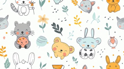 Fototapeta premium Hand-drawn seamless pattern with cute cartoon animals holding toys, showcasing a sweet and imaginative children's theme