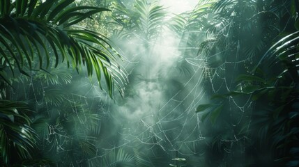 Spider Web in Rainy Forest with Dewdrops